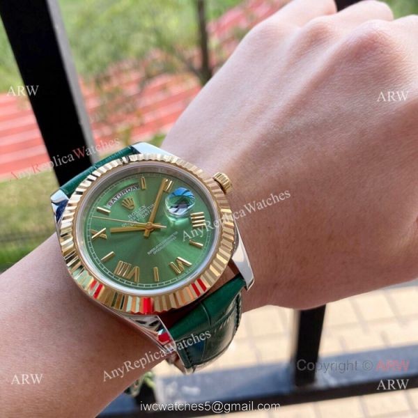 Upgraded Rolex DayDate II Green Dial Leather Strap Watch 41mm 8