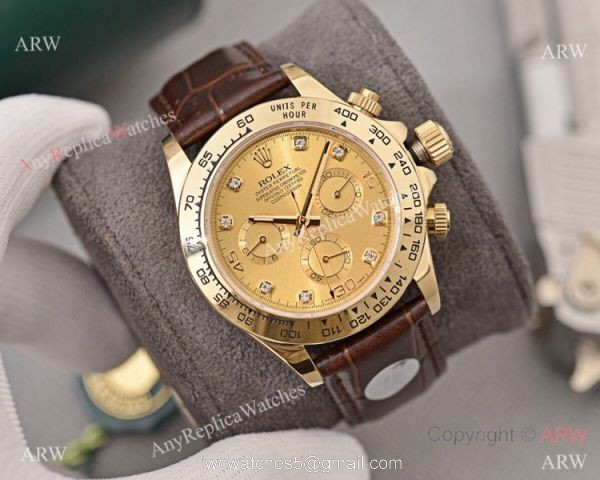 Best Replica Rolex Daytona watch Gold Dial with Diamond Leather Strap 8
