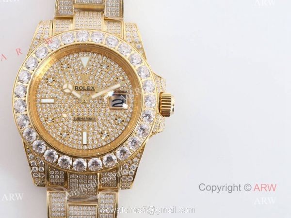 Iced Out Rolex Submariner 116610 All Gold Replica Watches For Men 8