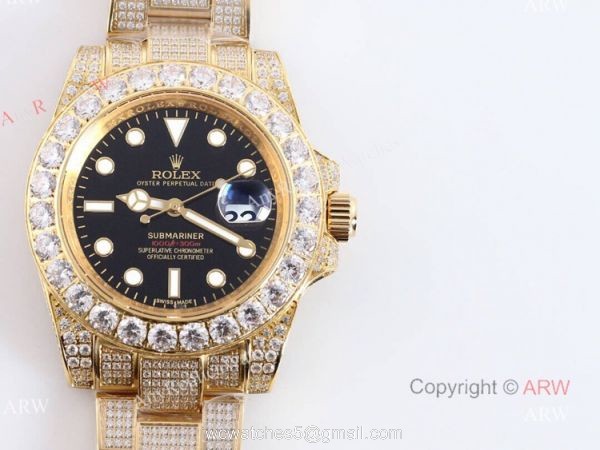 Best Replica Gold Rolex Submariner Date Black Dial All Diamond Watches For Men 8