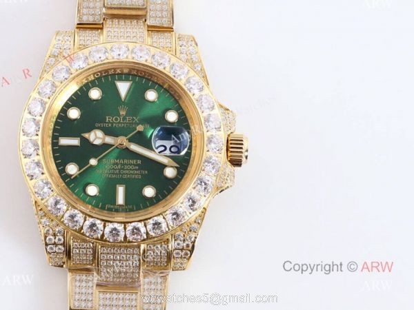 Gold Rolex Submariner Clone Green Dial Diamond Watch 11610 8