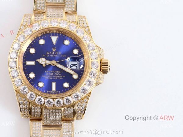 High Quality Yellow Gold Iced Out Rolex Submariner Clone Watch 8