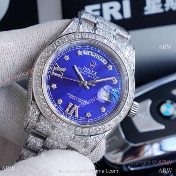 Replica Rolex Day Date II Watches Stainless Steel Iced Out Diamond Case 8