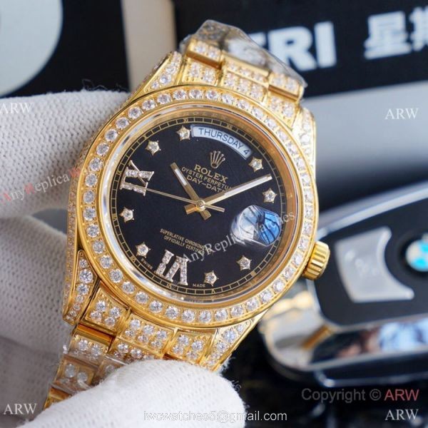 Replica Rolex Day Date II Watches Gold Iced Out Diamond Silver Dial 8