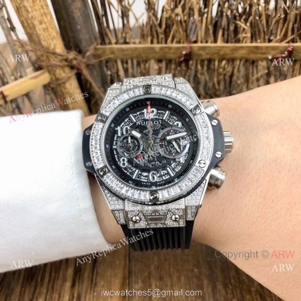 Best Quality Hublot Big Bang Unico Sapphire Iced Out Watches Blue Rubber Strap 8