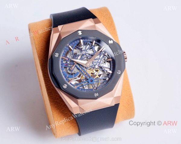 Copy Hublot Classic Fusion Skeleton Watches Rose Gold Rubber Strap 8