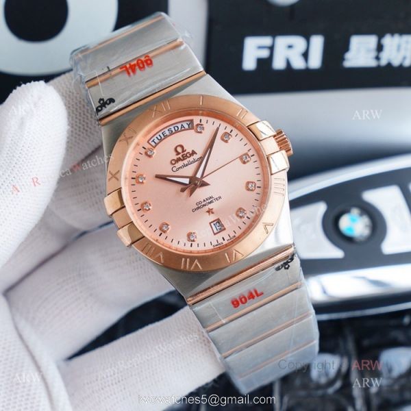 1:1 Swiss Replica Omega Constellation Double Eagle Rose Gold Diamond Watch 38mm 8