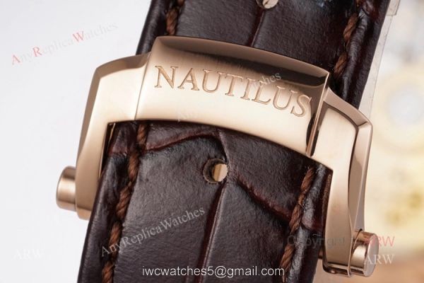 Swiss Patek Philippe Nautilus Rose Gold Grey Dial Brown Leather Strap Replica Watch 8