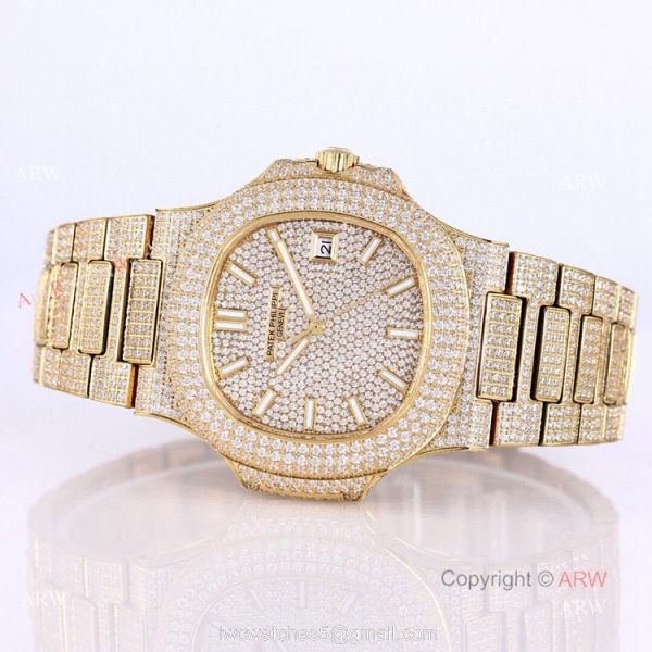 Iced Out Patek Philippe 5719 Patek Philippe Nautilus Bust Down All Gold Watch Replica 8