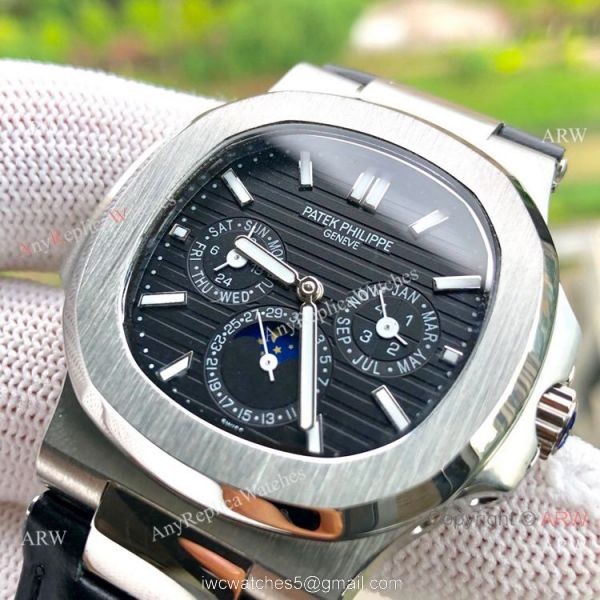Copy Patek Philippe Nautilus White Face Annual Calendar Watch Brown Leather Strap 8