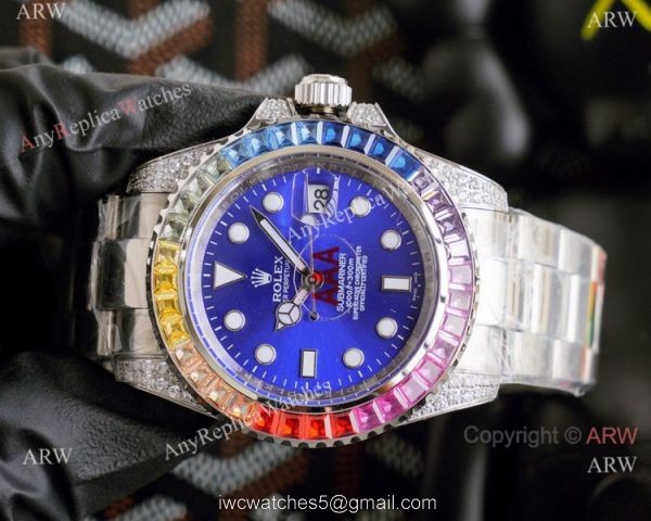 Top Replica Rolex Submariner Rainbow Bezel Blue Dial Watch 8
