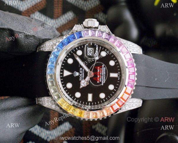 Top Replica Rolex Submariner Watch Rainbow Bezel Blue Rubber Strap 8
