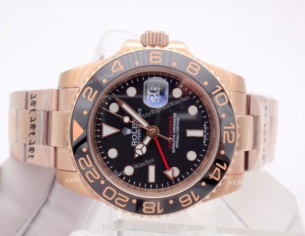 2018 Rolex GMT Master 2 Copy Wristwatch Black Ceramic Bezel Rose Gold 8