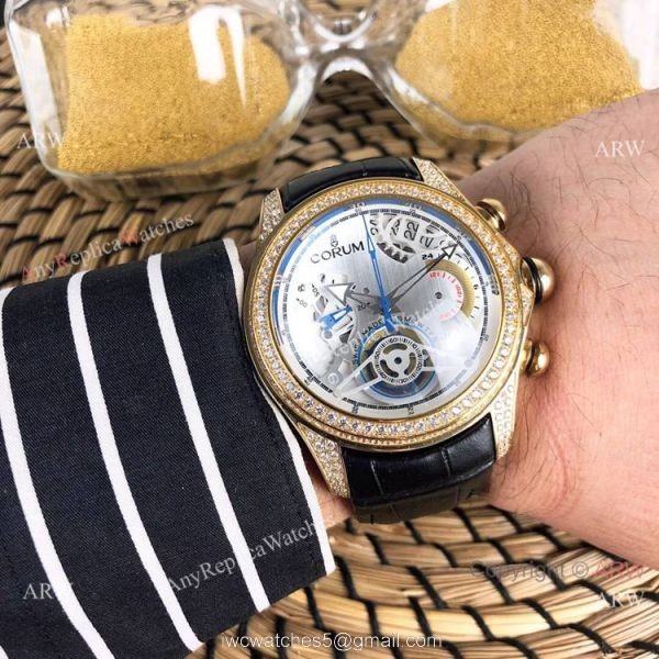 Replica Bubble Corum Watch Diamond Bezel Gold Case Silver Chronograph Dial 8
