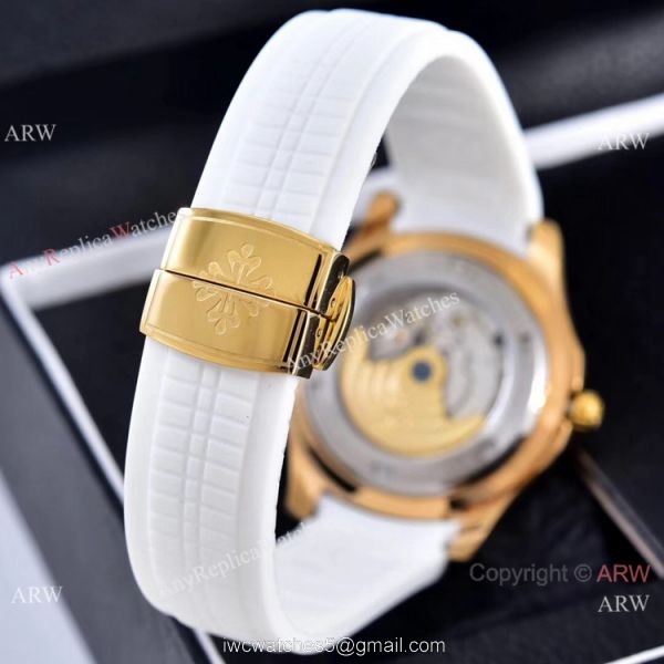 Clone Patek Philippe Aquanaut Engraving Watches Gold and Brown Rubber Strap 8