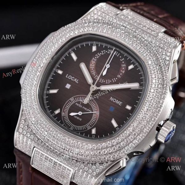 Japan Grade Patek Philippe Nautilus Diamonds Watches Gray Leather Strap 8
