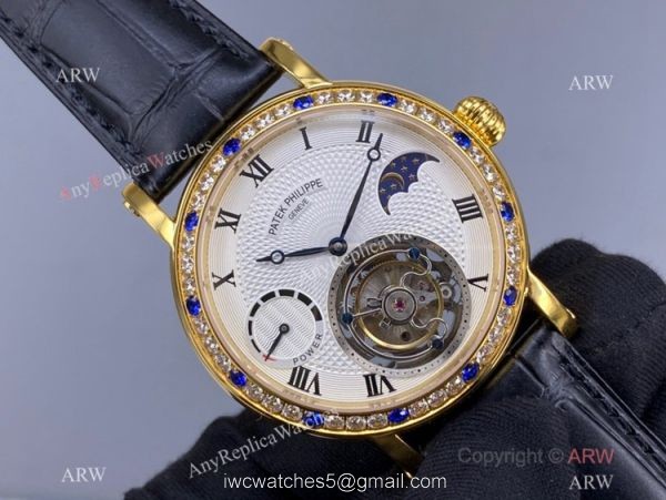 Super Clone Patek Philippe Tourbillon Moon phase Diamond Watch Gold Power Reserve 8