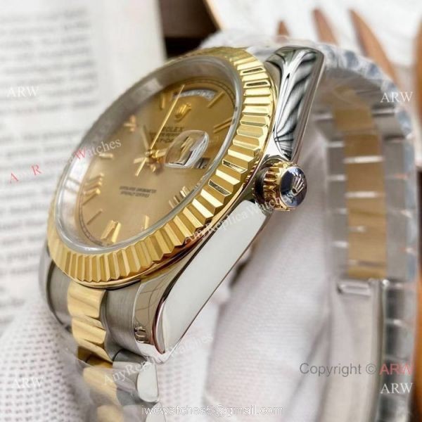 Copy Rolex Day Date 40mm Watches Chocolate Dial Two Tone Presidential Band 8