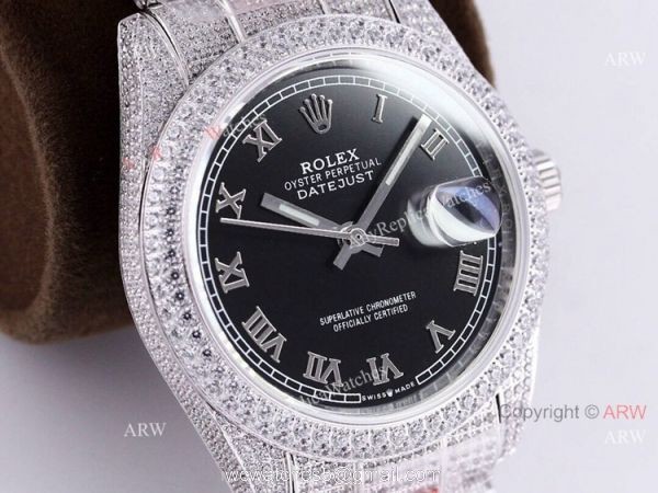 Fully Iced Out Rolex Watch For Mens Rolex Datejust 126334 Black Dial Roman Numerals Replica 8