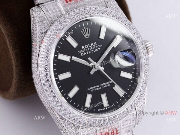 Fully Iced Out Rolex Datejust 126334 Black Dial Oyster Bracelet Replica Watches 8