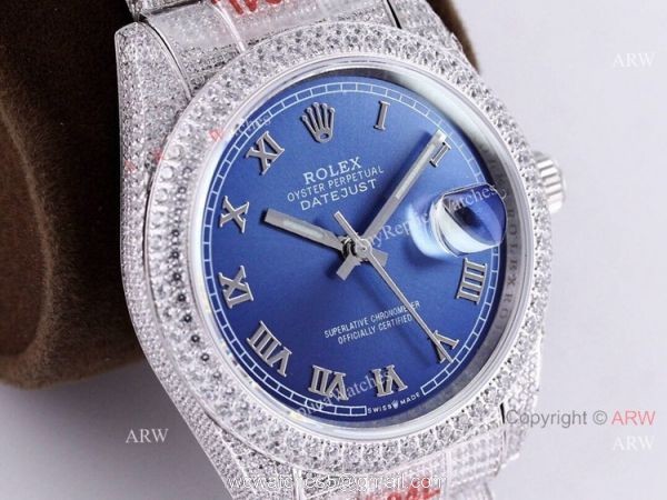 Diamond Rolex Datejust Blue Dial Roman Numerals Automatic Watch Best Replica 8