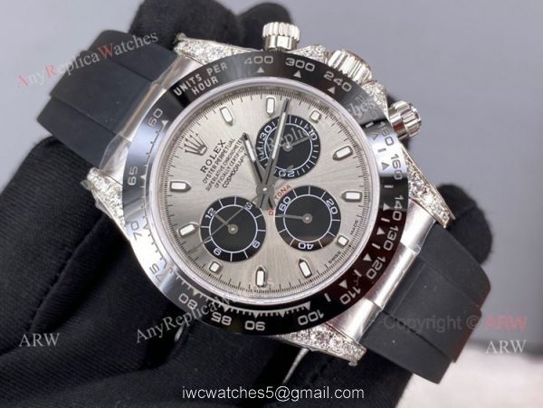 Pre-Sale Noob Factory Rolex Daytona Grey Dial Rubber Strap Swiss 4130 Watch with diamonds on the lugs 8