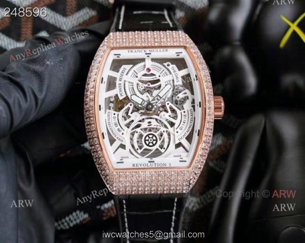 Replica Rose Gold Franck Muller V45 Revolution 3 Skeleton Watch With Diamonds for men 8