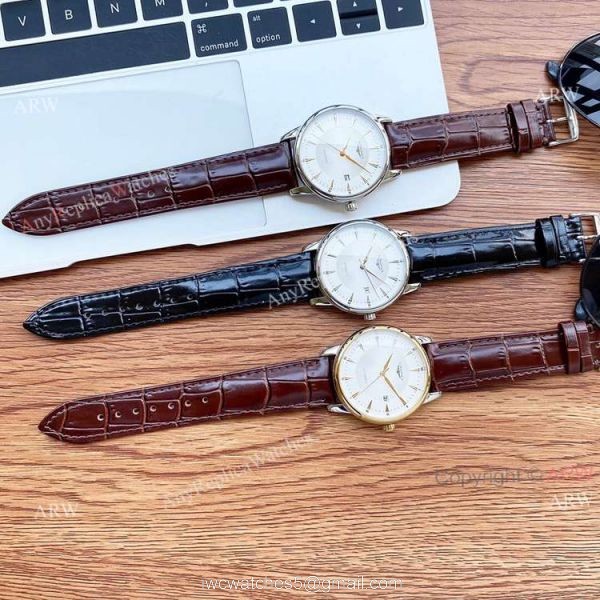 40mm Longines Automatic Watch White Dial Brown Leather Strap High Copy 8