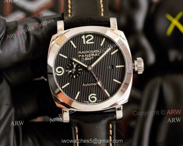 All Black Panerai Radiomir GMT Automatic Watch 45mm Brown Leather Strap High Copy 8