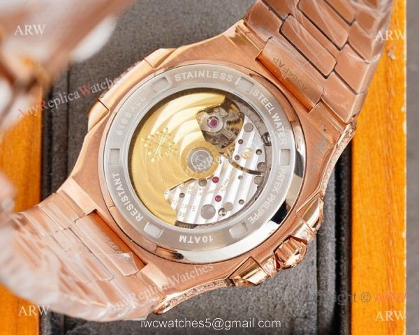 Swiss AAA Replica Patek Philippe Nautilus 9015 Ultra-thin Watch Rose Gold Iced Out Black Dial 40mm 8