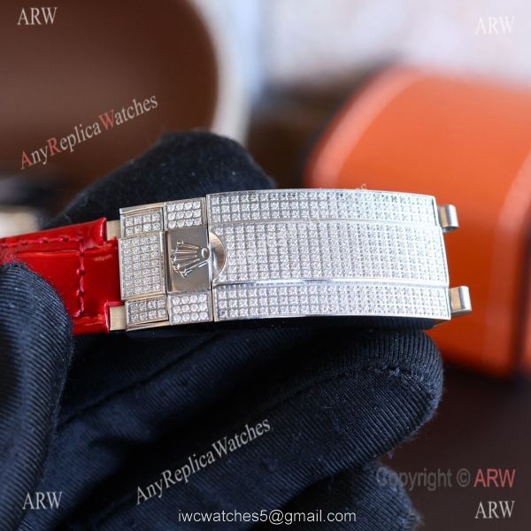 Top Replica Rolex Submariner Rainbow Bezel Red Leather Diamond Watch 8