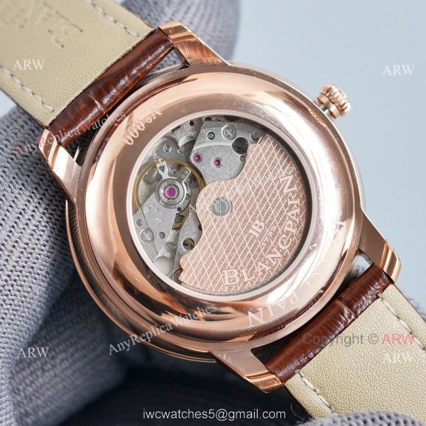 Copy Blancpain Villeret Rose Gold Case Watch With Roman Markers Brown Leather Strap 8